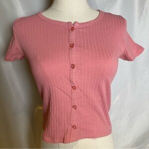 Pink Ribbed Button-Up Women's Top